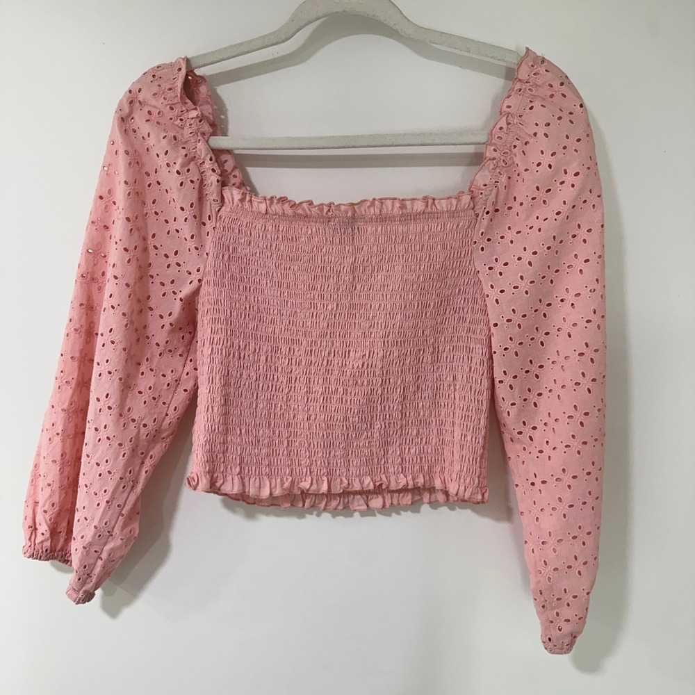 Love Tree Eyelet Puff Sleeve Smocked Top Women Large Pink Square Neck | Coquette